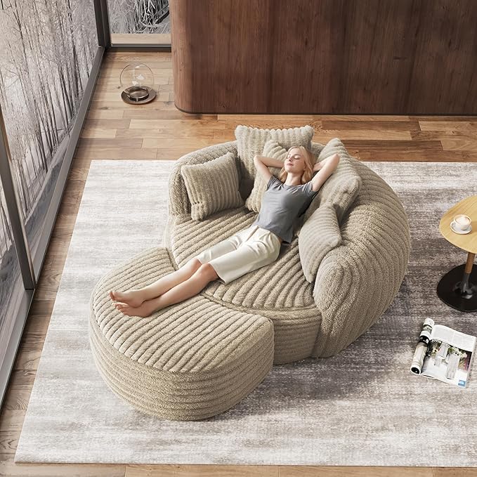 Oversized Chaise Lounge Chair Indoor with Ottoman 50.5" W x 67.0" D Round Soft Corduroy Comfy Oversized Reading Chair with 5 Pillows for Living, Reading Room - Camel