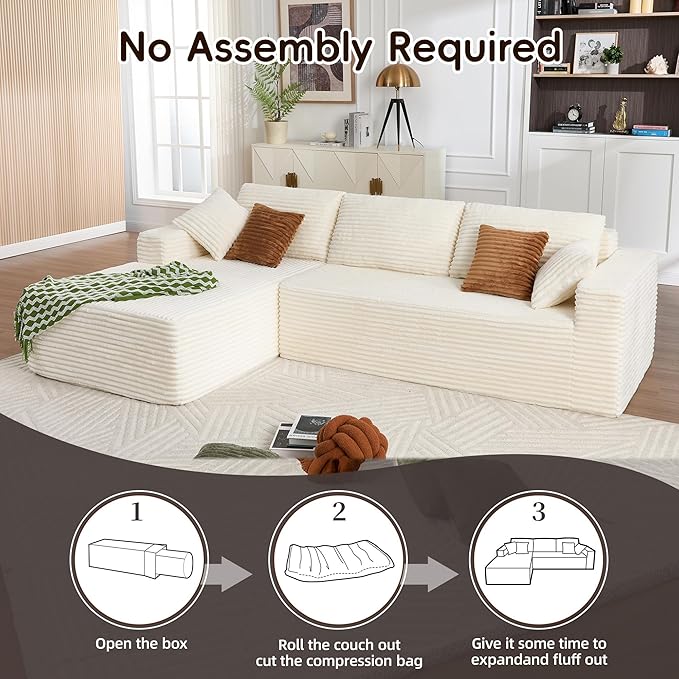 Opiesit 108" Boneless Couches for Living Room, Modular Sectional Sofa with Oversized Chaise, L-Shape Cloud Couch with Deep Seat, High-Density Memory Foam, No Assembly Required, Plush Corduroy Beige