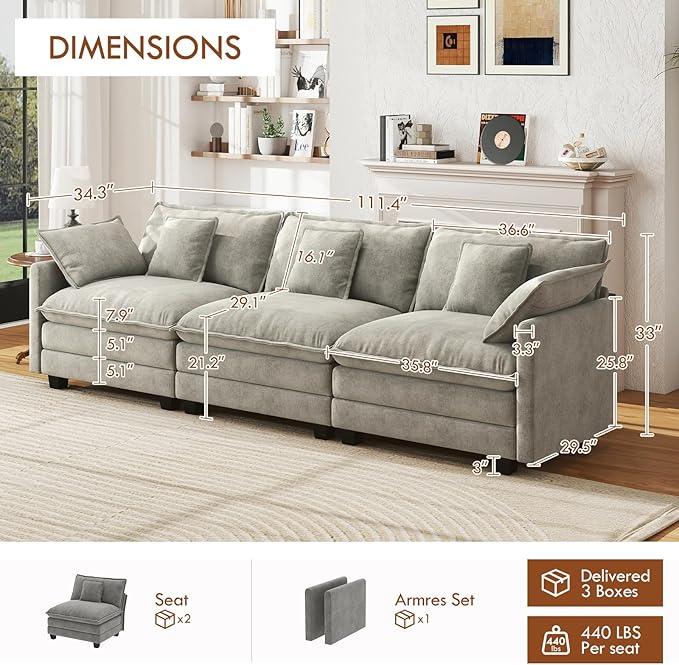 WorthFurni 111.4” Cloud Couch, Modular Sectional Sofa, Comfy Modern 3-Seater Couches with Pillows & Upholstered Deep Seat Cushion for Apartment Living Room Bedroom （Grey）