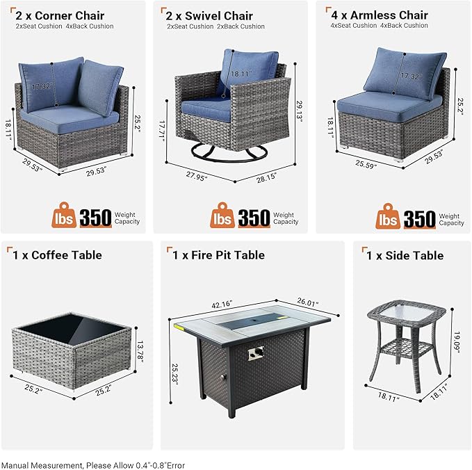 ovios 11 Piece Outdoor Patio Furniture Set with Fire Pit Table,Conversation Sectional Wicker Couch with Swivel Chairs,Modern Outside Sofa for Balcony Backyard, Blue