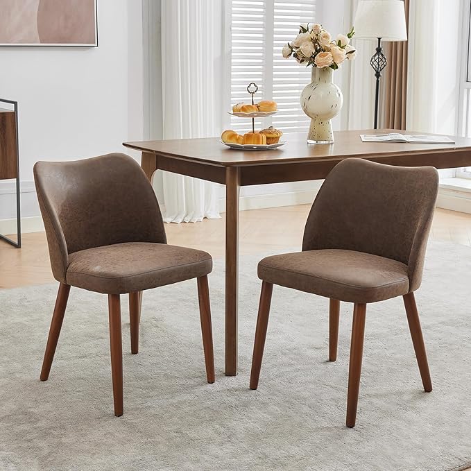 ElfinAura Dining Chair Set of 4, Leather Upholstered Dining Chair with Wood Legs, Wing Backrest, Wooden Kitchen Chair, Kitchen Chairs with Thick Cushions for Dining Room, Living Room, Taupe