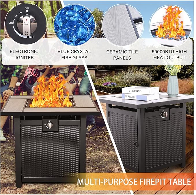 WAROOM Patio Furniture Set 4 Piece Wicker Conversation Sets PE Rattan Chair Outdoor Couch Sectional Sofa with 30" Fire Pit Table, Grey Cushion
