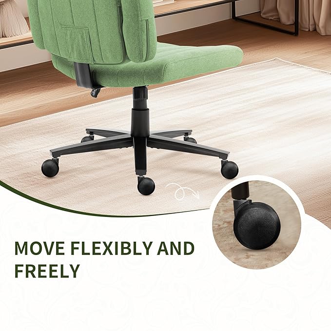 Vigosit Green Criss Cross Office Chair with Wheels, Ergonomic Wide Seat Vanity & Dressing Table Chair, Adjustable Arms Swivel Rolling Desk Chair for Women, Comfortable Cross-Legged Support