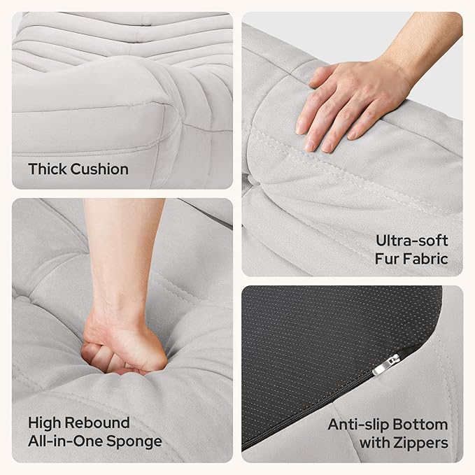 High-end Togo Bean Bag Chair, Fireside Chair with Light Gray Suede Fabric Cover, Comfy & Soft Lazy Floor Lounge Sofa for Bedroom, Living Room, Office or Salon