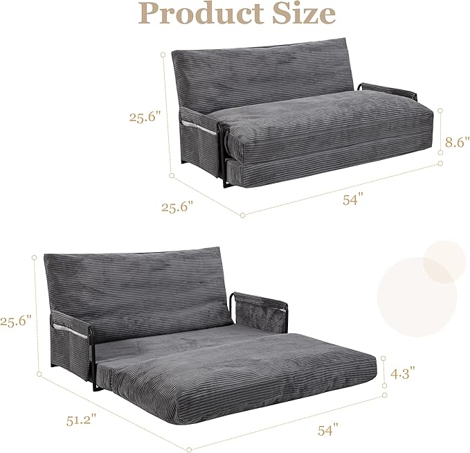 YOSHOOT Lazy Floor Sofa Convertible Bean Bag Sofa Bed Couch, 5-Position Foldable Sleeper Chair with Armrest, Ideal for Reading & Gaming