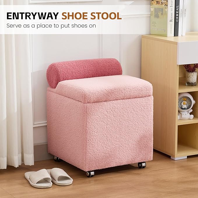 Boucle Vanity Chair with Storage, Swivel Vanity Stool with Safety Hinge, Upholstered Makeup Chair with Wheels, Square Ottoman Stool for Living Room, Dressing, Bedroom, Pink