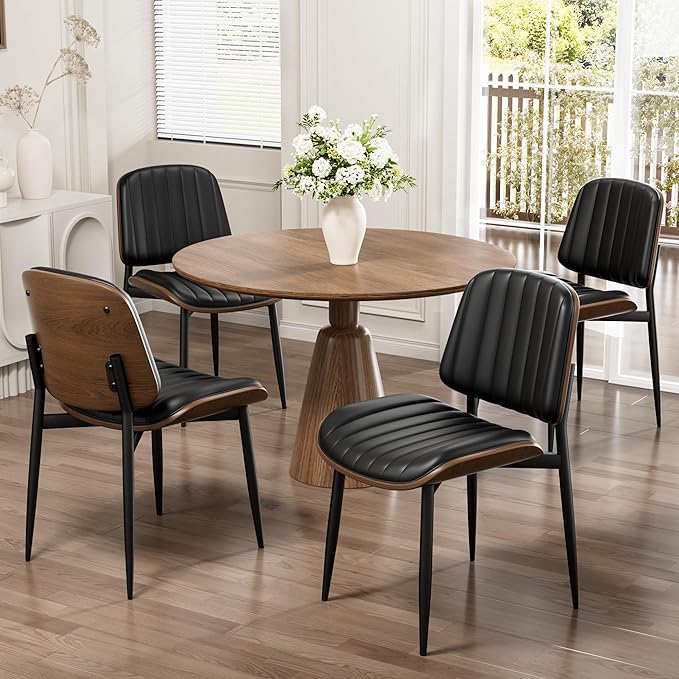 Dining Chairs Set of 6, Mid-Century Modern Upholstered PU Leather Chairs with Walnut Bentwood Back and Metal Legs Adjustable Feet for Kitchen Dining Living Room, Dark Black Vertical Stripes
