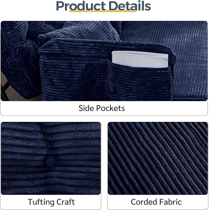MAXYOYO Adjustable Floor Sofa Couch with 2 Pillows, Multi-Functional Bean Bag Bed, 5-Position Foldable Lazy Sofa Sleeper Bed with Armrest, Versatile Floor Seating for Reading, Navy, Double