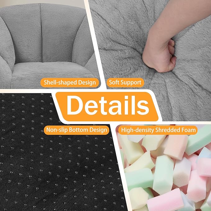 HABUTWAY Bean Bag Chair, Oversized Shell-Shaped Bean Bag Couch with Ottoman, Giant Beanbag Chair for Adults and Kids, Comfy Bean Bag Sofa & Footstool, Large Floor Sofa for Living Room Bedroom, Grey