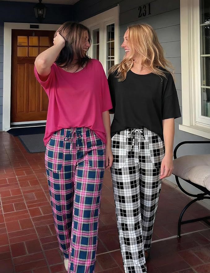 Ekouaer 2 Pack Womens Pajama Sets Short Sleeve Tops and Long Pants Casual Comfy Pjs Lounge Set with Pockets,S-XXL