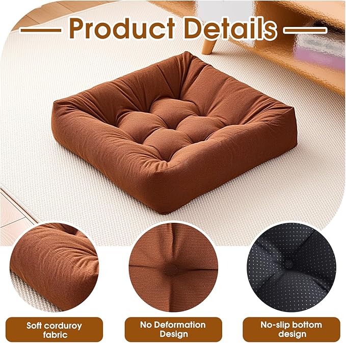 Tikuns Floor Pillows for Adults, Meditation Cushions, 22x22 Inch Large Square Sitting Cushion Living Room Memory Foam Pillow for Sitting(1, Brown, 22x22x4 Inch)