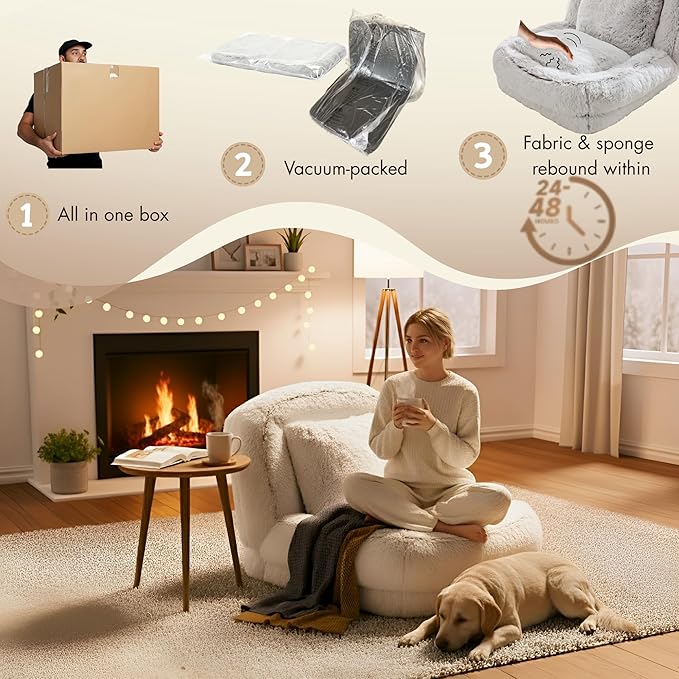 Foam Filled Bean Bag Chair for Adults with 2 Pillows, Upgraded Adjustable Human Dog Bed for Adults Comfy Lazy Floor Sofa Folding Chair with Washable Cover for Living Room Bedroom, White Furry
