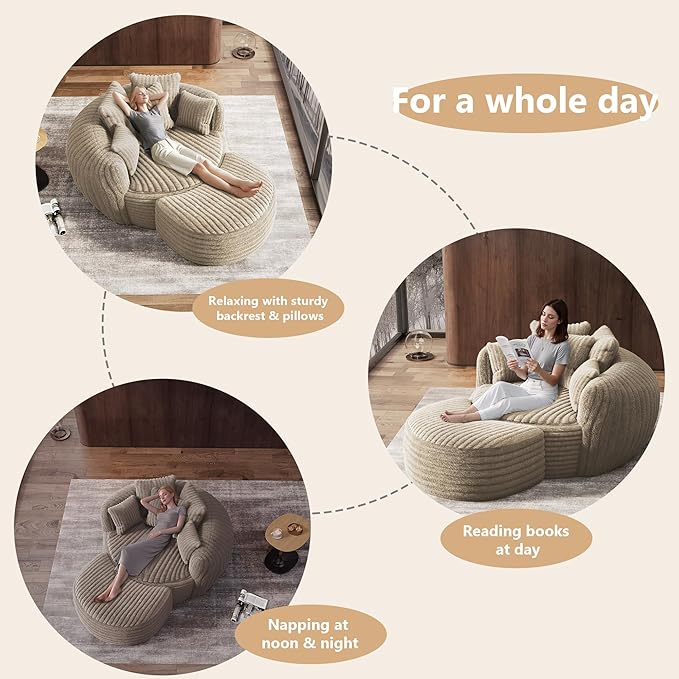 Oversized Chaise Lounge Chair Indoor with Ottoman 50.5" W x 67.0" D Round Soft Corduroy Comfy Oversized Reading Chair with 5 Pillows for Living, Reading Room - Camel