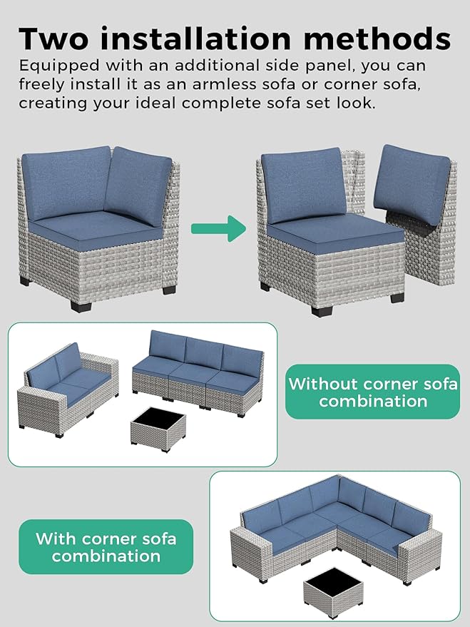 6 Piece Outdoor Sectional Sofa Set, 5-Seats Patio Wicker Conversation Set with 4" Thickened Cushions & Coffee Table, All-Weather PE Rattan for Garden, Backyard, Porch, Blue