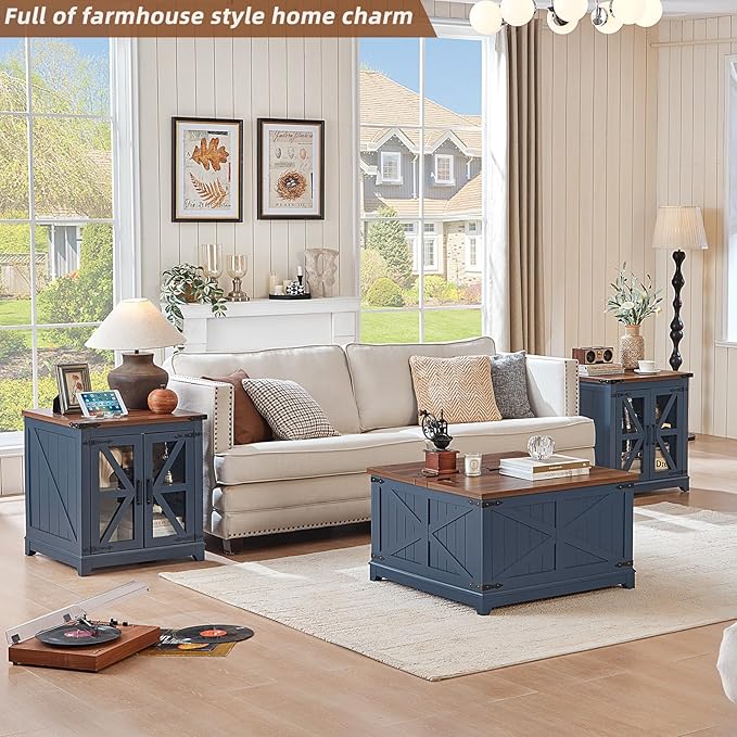 Farmhouse Coffee Table Sets 3 Pieces, Large End Side Tables with Charging Station and Coffee Table with Hidden Storage Compartment, Blue Living Room Table Set, Wood Furniture Sets for Home Office