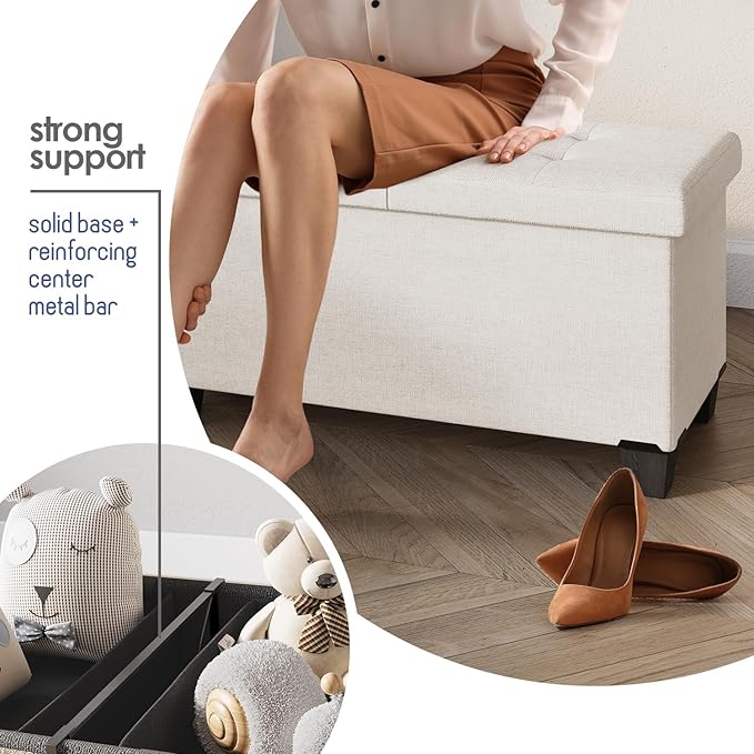 Storage Ottoman Bench with Bins, 43-in Storage Bench for Bedroom End of Bed, Folding Foot Rest Ottoman for Living Room Max 660lbs, Fabric Ottomans, Cream