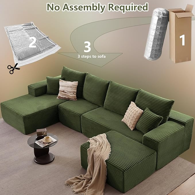 Lakifun 135" L-Shape Sofa with Ottoman, Modern Modular Sectional Comfy U-Shape Cloud Couch, Deep Seat, Upholstered Corduroy Sleeper Chaise Longue for Living Room Bedroom, No Assembly Required, Green