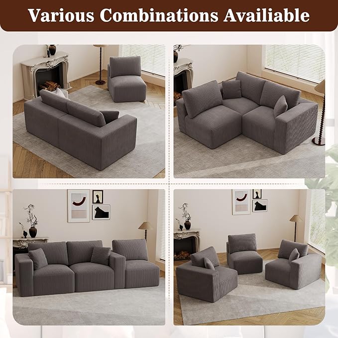 110" Modular Sectional Sofa, Cloud Couch Memory Foam 3-Seater Boneless Sofa, Cozy Upholstered Corduroy Frameless Couch, No Assembly Required Extra Wide Seating for Living Room & Apartment, Grey