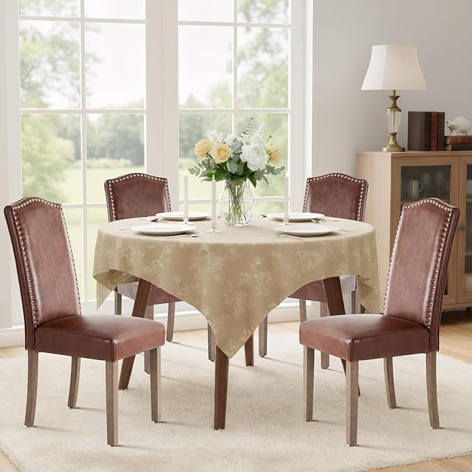 SNUGWAY Upholstered Dining Chair Stylish Parsons Kitchen High Back with Silver Nailhead Trim & Wood Legs, 4-Pack, PU Light Brown