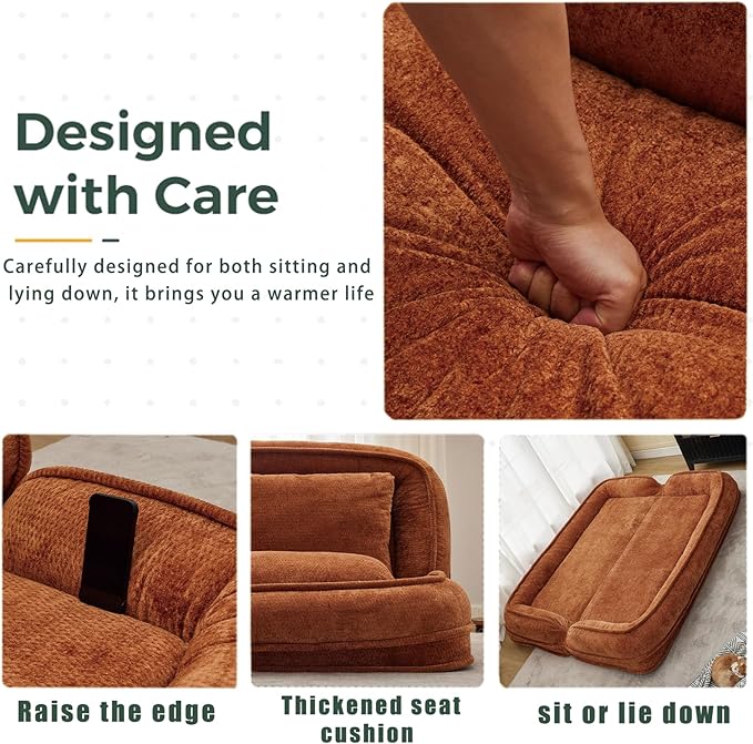 Foldable Lazy Sofa Bed, Chenille Upholstered Human Dog Bed for Adults, 2 in 1 Convertible Floor Sofa with 5 Adjustable Backrest Positions and Soft Cushions for Living Room (Orange)