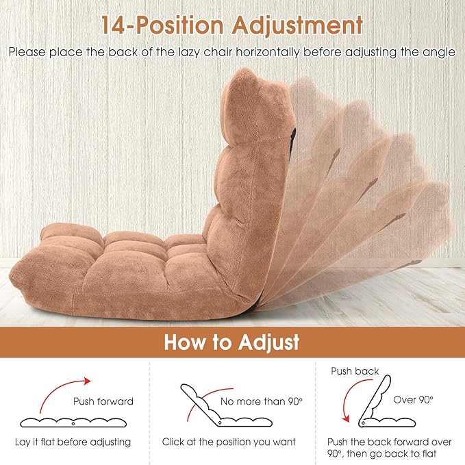 Floor Chair with Back Support, Foldling Gaming Sofa Chair with Comfy Cushion, Adjustable 14-Position Meditation Chairs, Lazy Lounge Recliner Reading Seat for Adults, Kids (Tan)