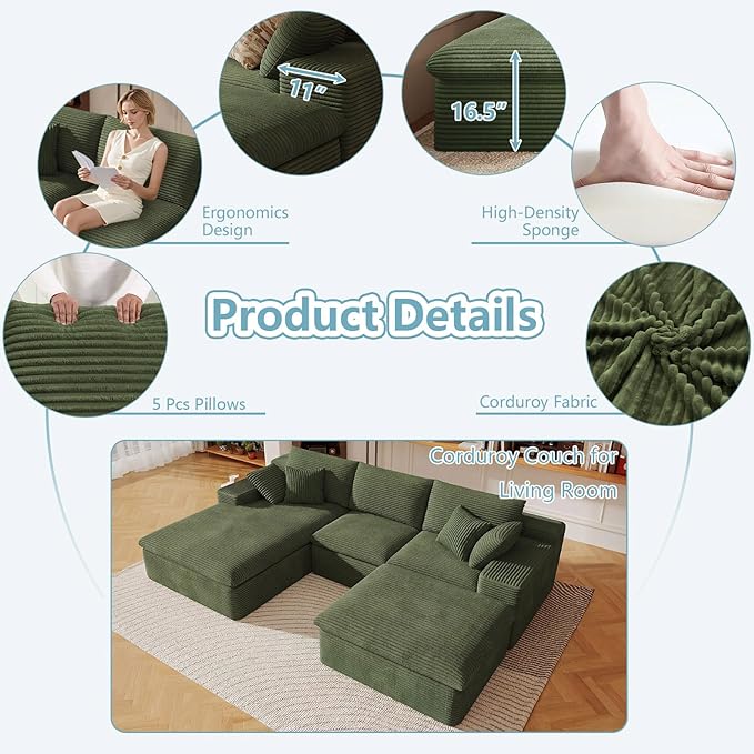 107" Cloud Sectional Couch with U-Shaped Chaise,Corduroy Viral Boneless Sofa with Ottoman,Memory Foam Couches in a Box with Deep Seat for Living Room,No Assembly Required (Green,Left-Facing Chaise)