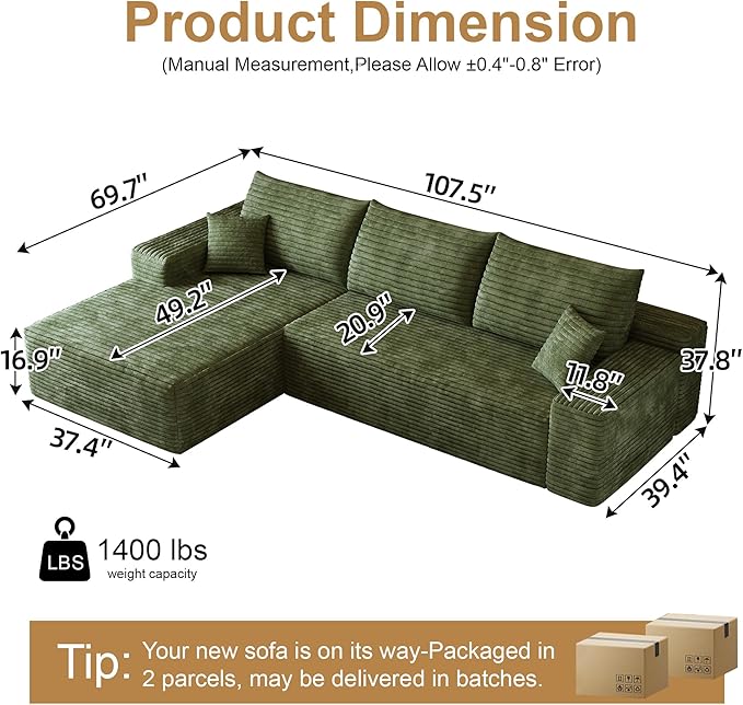 AUGOP 108" Sectional Couches for Living Room Modern Modular Sofa with L-Shape Couchs Upholstered Boneless Couch Deep Seat Sectional Couch with Chaise (Green, Left Facing Chaise+2Seaters)