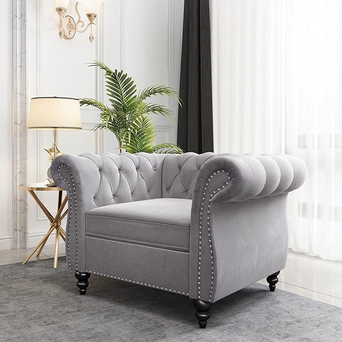 QHITTY Accent Chair, Chesterfield Chair Modern Velvet Upholstered Chairs with Tufted Back for Living Room Furniture (Grey)
