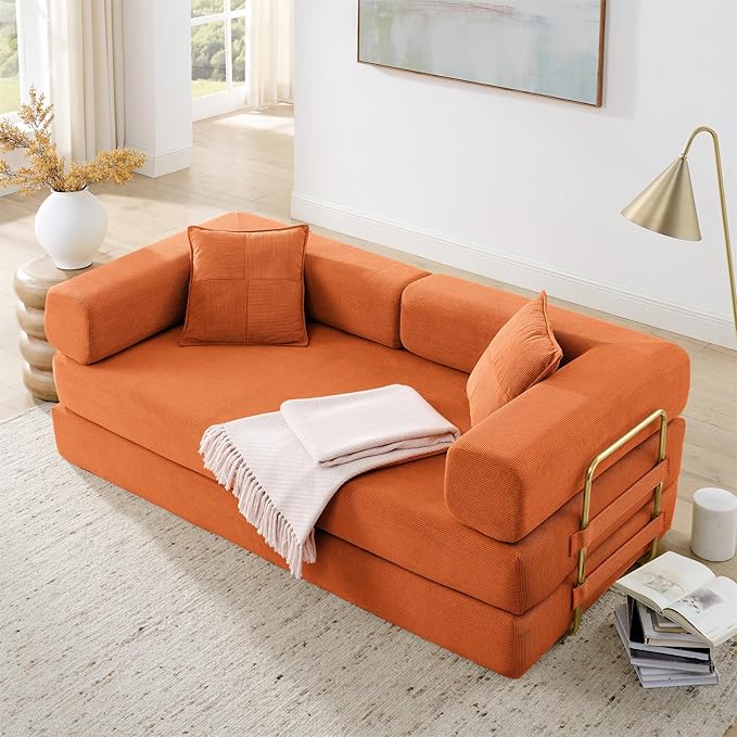 Antetek Convertible Futon Sofa Bed, 3-Seater Modern Corduroy Foam Floor King Size Bed Fold Out Sleeper Lounge Loveseat Sofa Couch with 2 Throw Pillows for Living Room Bedroom Guest Room, Orange