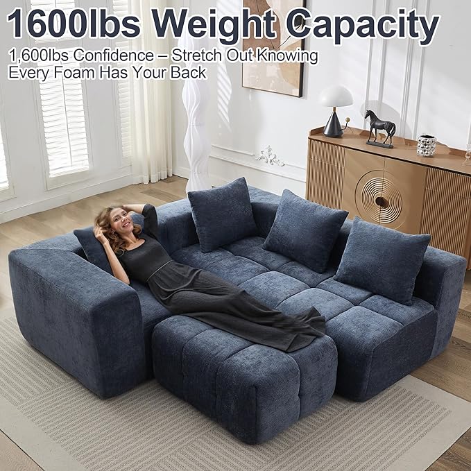 119" Boneless Couch, Cloud Sectional Couch with Deep Seat, High-Density Memory Foam and Chaise, Sectional L Shaped Sofa, Boneless Couches for Living Room, No Assembly Required Tufted Sofa, Blue