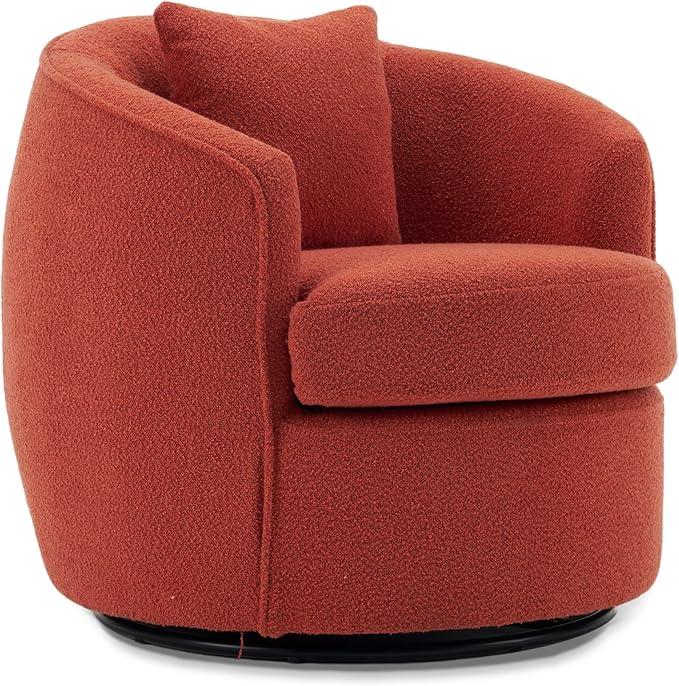 FaFaSoGoodFa Swivel Accent Chair, Modern Upholstered Boucle Barrel Arm Chairs with Pillow for Living Room, 360 Degree Round Swivel Sherpa Armchair with Round Base for Bedroom Club (1, Orange)
