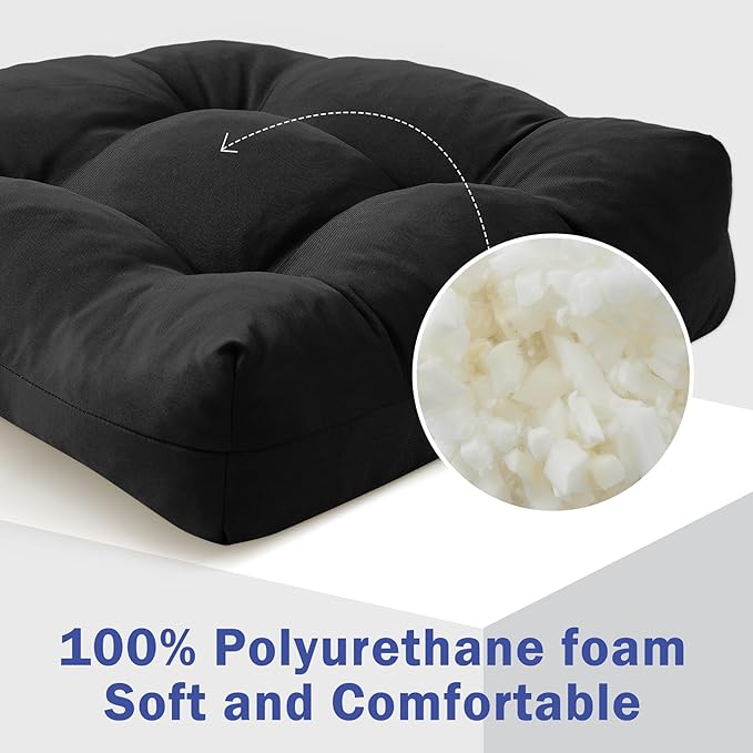 IPYNBAP Outdoor Chair Cushions Set of 2, Patio Chair Cushions with Ties,19x19+5” Tufted Outdoor Seat Cushions, Waterproof Patio Furniture Cushions, Outdoor Dining Chair Pads, Black