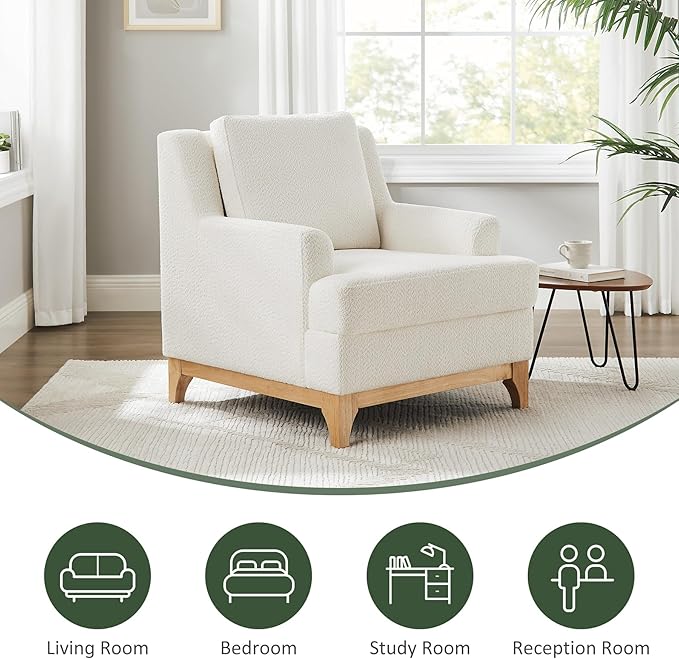 VANOMi Oversized Accent Chair, Modern Boucle Armchair with Wood Legs, Modern Reading Chair with Thick Cushion, Comfy Chairs for Living Rooms, Bedrooms, Reading nooks and Apartments
