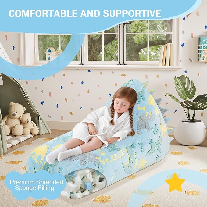 COMAX Dinosaur Bean Bag Chairs for Kids, Kid Beanbag Chair with Filler, Toddler Lounge Bean Chair, Children Lazy Floor Lounger for Girls Boys, Glowing Blue Dino