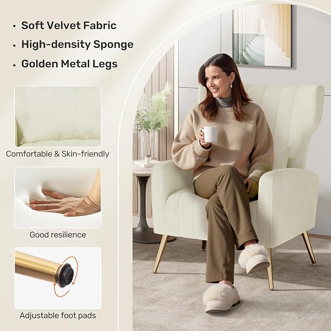 Nalupatio Modern Accent Chairs for Living Room Chairs Upholstered Velvet Fabric Reading Chair Mid Century Arm Chair Comfy Armchair,Beige