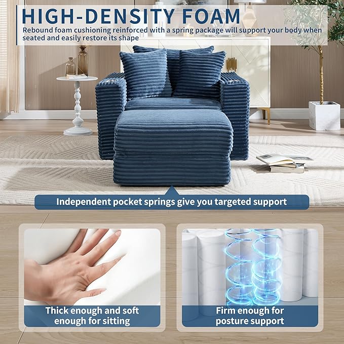 Boneless Chaise Lounge Chair Indoor, All-Foam Convertible Lounge Chair with No Frame, Wide Reclining Floor Lounger for Reading, Napping & Relaxation, No Assembly Needed (Blue)