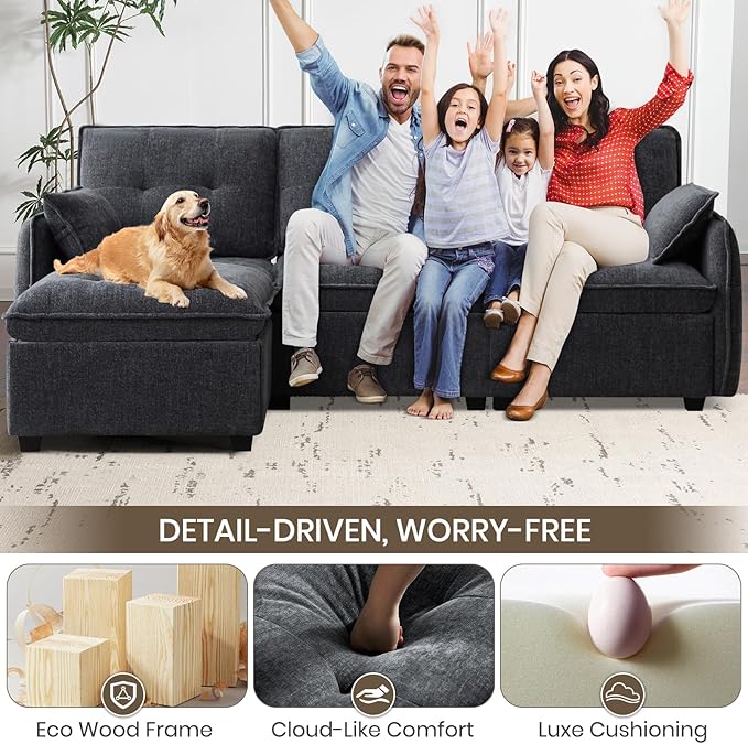 PALLOME 96" Modular L-Shaped Sofa - 3-Seat Cloud Couch with Movable Ottoman, Extra Deep Seat Sofa Couch with Throw Pillows for Living Room & Small Spaces (Grey, 3-Seat + Ottoman)
