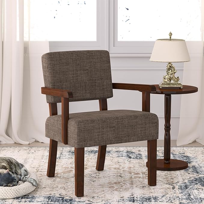 FAGAGA Accent Chair,Armchairs with Solid Wood Frame and Legs,Upholstered Reading Leisure Chair for Bedroom,Office,Waiting Room (Linen, Brown, One Chair)