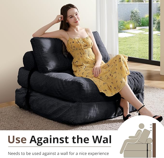 Convertible Sofa & Couch Bed - Oversized Adult Sleeper Chair & Bean Bag Chair, Foldable Floor Bed with Backrest, Comfortable Lazy Sofa for Bedroom, Living Room & Dorm (Black, Single)
