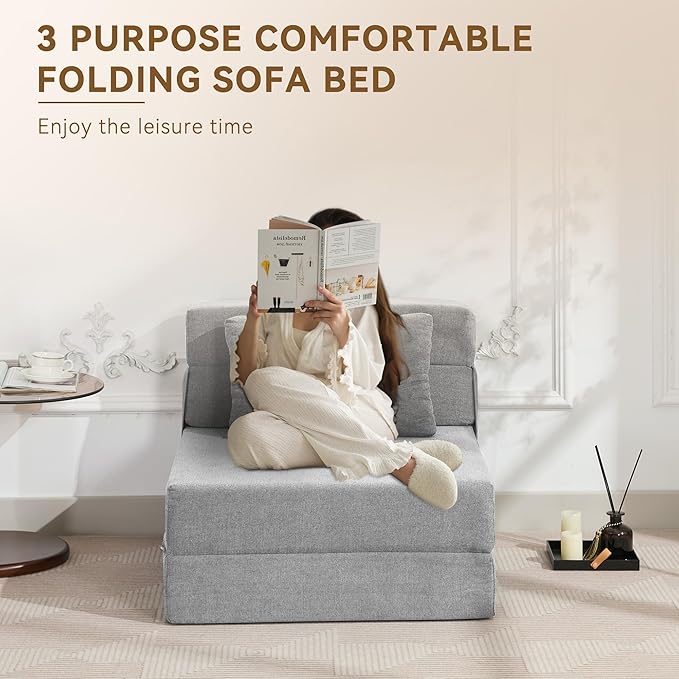 Folding Sofa Bed Convertible Floor Couch Foldable Chair Bed with Pillow，Linen Sleeper Chair Futon,Foldable Memory Foam Mattress for Bedroom/Living Room/Dorm/Office (Light Grey, Single)