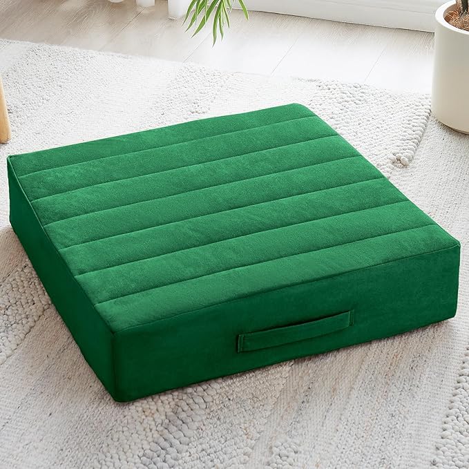 JKMAX 22 inches Floor Pillow for Adults - Large Meditation Cushion with Thick Foam - Premium Outdoor Square Floor Cushion Seat - Yoga Pillow for Sitting On Floor - Green