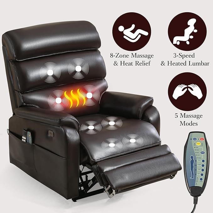 Power Lift Recliner Chair, Big Tall Man Lay Flat Ergonomic Lounge with Extended Footrest for Elderly People, Single Sofa Heat & Massage. Home Theater Seat, USB&Type-C Port (PU Leather, Reddish Brown)