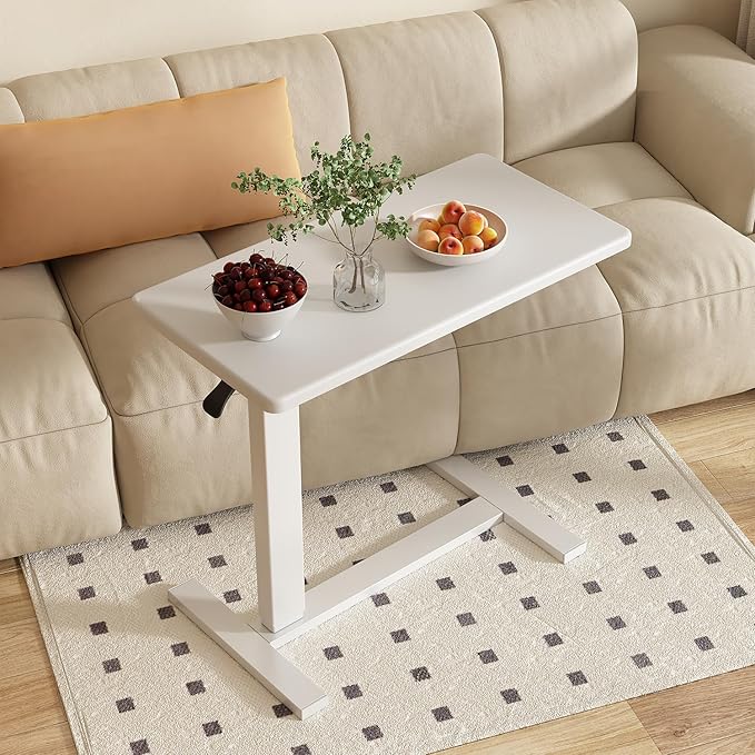 Overbed Bedside Table with Wheels Adjustable Hospital & Home Use Bed Table Rolling Movable Laptop Mobile Standing Desk Pneumatic Computer Cart Waterproof L-Shaped Steel Base Tray Tables,White