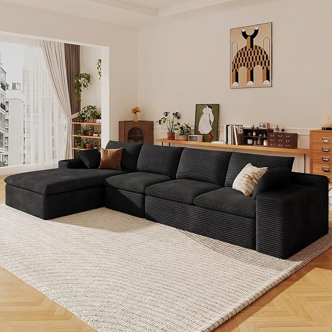 136" Cloud Sectional Couch with L-Shape Chaise, Modern Corduroy Viral Boneless Sofa for Living Room,Memory Foam Couches in a Box with Deep Seat,No Assembly Required (Black,Left-Facing Chaise)