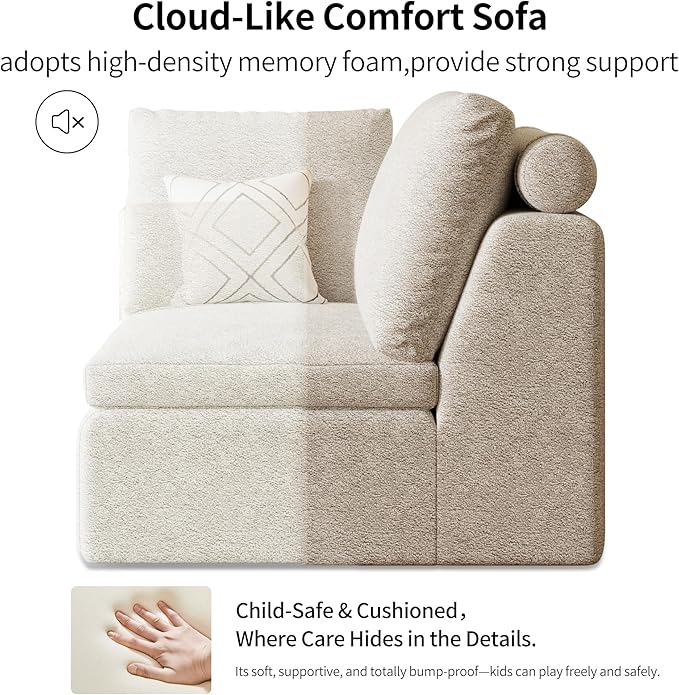 109" Modular Sectional Sofa with Deep Seat, Oversized Cloud Couch for Living Room with 3 Ottomans, Boneless Memory Foam Teddy Fleece Sofa, No Tools Assembly Required (Beige,3 Ottomans)