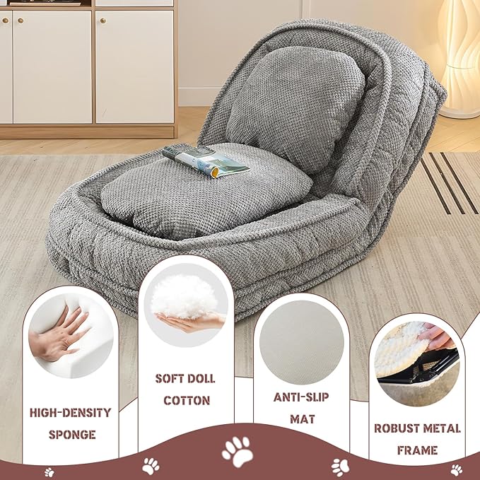 Upholstered Human Dog Bed for Adult & Pets, Convertible Lazy Sofa Bed with 5 Adjustable Position, Comfy Tatami Bean Bag Lounge Chair with 2 Soft Pillows for Bedroom Living Room Office (Gray)