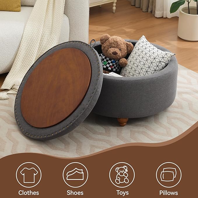 WUTUTUEE 30Inch Round Storage Ottoman with Tray, Modern Tufted Fabric Circle Coffee Table with Storage, Upholstered Ottoman with Removable Top for Living Room, Bedroom, Dark Grey