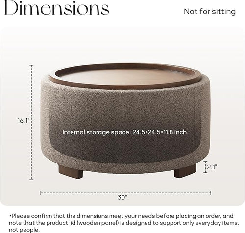 30 Inch Round Storage Ottoman Coffee Table, Modern Boucle Ottoman with Lift-Off Lid and Solid Wood Legs for Living Room, Bedroom, Corners, Apartments (Brown)