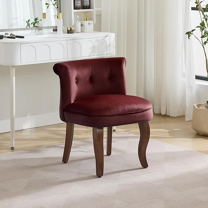 WUTUTUEE Velvet Vanity Chair with Solid Wood Legs, Tufted Upholstered Vanity Stool with Back, Mid Century Small Makeup Accent Chair for Bedroom, Living Room, Burgundy