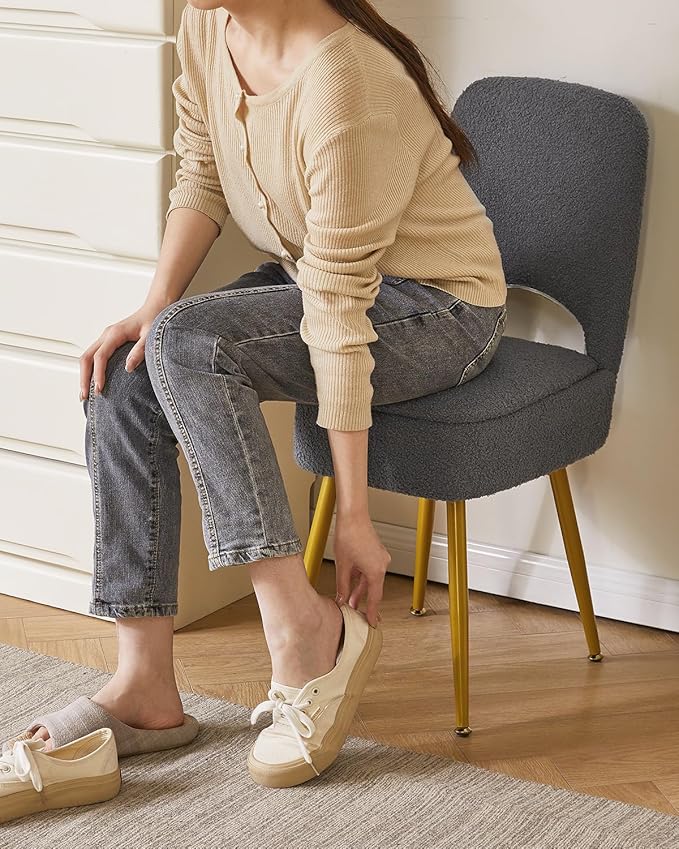 IBUYKE Small Storage Vanity Stool with Folding Backrest, 12.99" x 13.78" x 31.5" Square Teddy Velvet Ottoman, Makeup Chair for Living Room, 4 Metal Legs with Anti-Slip Feet, Gray WBD027G